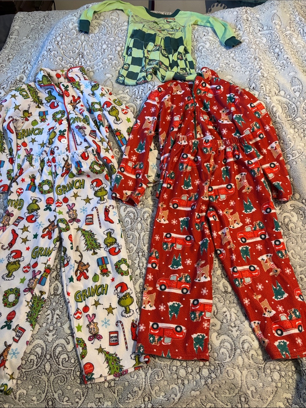 3-Piece Kids Holiday Pajama Set - Grinch + Red Truck Prints